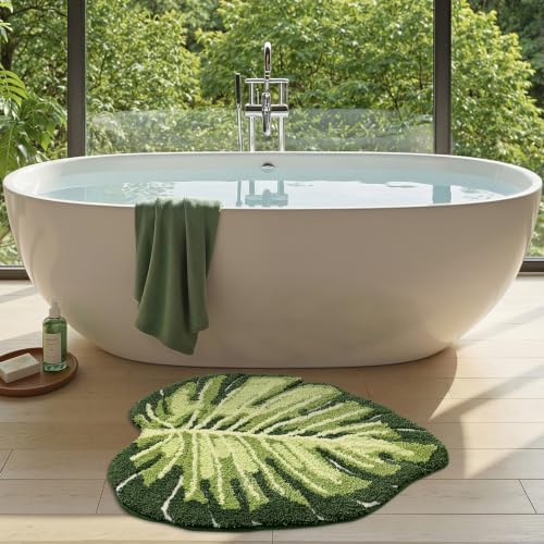 DEXI Cute Bath Mat, Green Leaf Monstera Bathroom Rugs 31.5x23.5