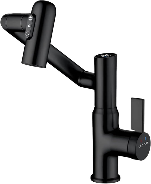 Lefton Rotatable Bathroom Faucet with Temperature Display in Fahrenheit (Batteries-Free), 3 Water Outlet Modes, Matte Black, BF2204-3