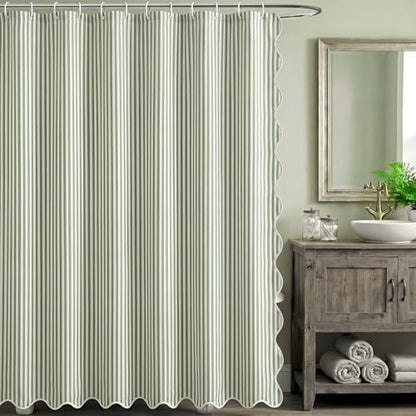 HunnmingRe Sage Green Farmhouse Striped Shower Curtain Scalloped 72x72''