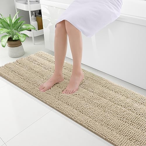 Grandaily Chenille Striped Bathroom Rugs 59x20, Extra Thick and Absorbent Bath Mats, Non-Slip Soft Plush Shaggy Shower Carpet, Machine Wash Dry, Bath Rug for Bathroom, Beige