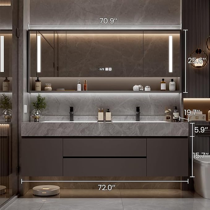 72" Modern Bathroom Vanity Double Sink with Seamless Quartz Countertop, Ceramic Undermount Basins & Storage Mirror, LED Anti-Fog, Time Temperature Display, for Bathroom Storage Organization
