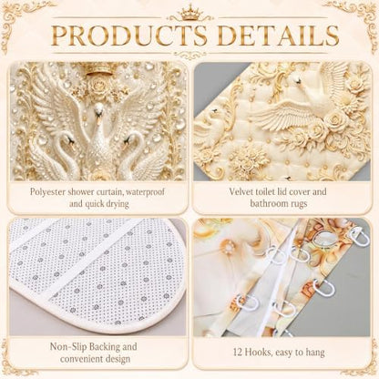 FuWeave 8 Pcs Gold Crown Swan Shower Curtain Set for Bathroom Include 3D Luxury Floral Swan Relief Pearl Shower Curtain Towels Non Slip Rugs Toilet Lid Cover Bath Mat and 12 Hooks for Bathroom Decor
