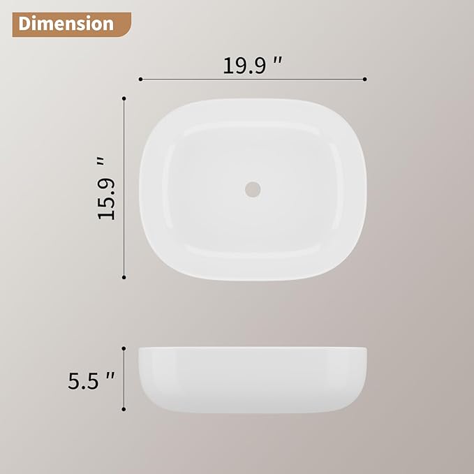 20"X16" Bathroom Vessel Sink Rectangular Above Counter White Porcelain Fireclay Ceramic Modern Vanity Sink Rectangle Art Basin