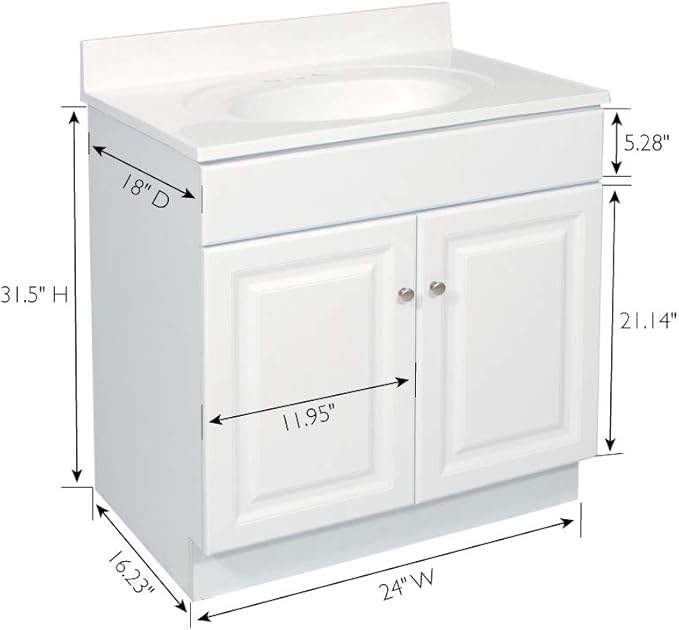 Design House Wyndham Bath Vanity Without Top, 2 Cabinet Doors, for 25-in. x 19-in. Vanity Top, Flush to Floor, Easy Assembly, for Bathroom, White, 18.0 in. L x 24.0 in. W x 31.5 in. H, 597120