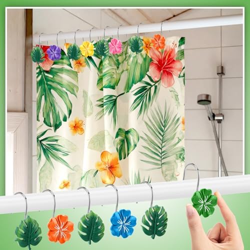 Thyle 12 Pcs Hawaiian Tropical Leaf Hibiscus Flower Shower Curtain Hooks, Colorful Resin Ornament Rings Summer Shower Curtain Hooks Decorative Rings for Home Holiday Bathroom Restroom Accessories