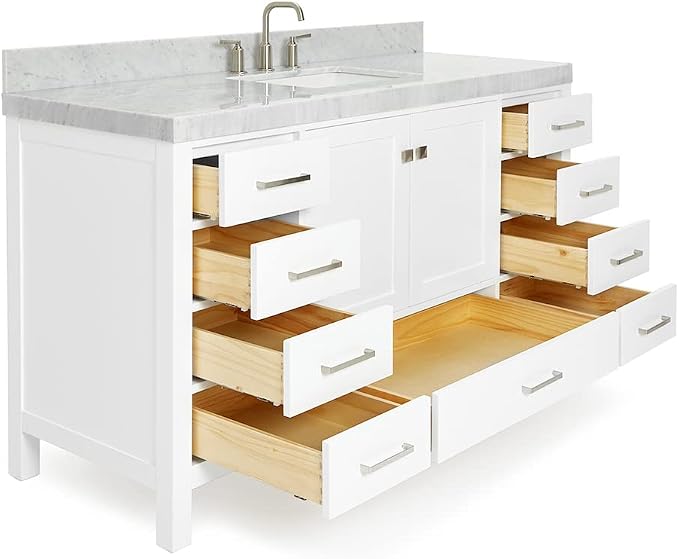 ARIEL Cambridge 60-inch Bathroom Vanity with Sink,Solid Wood, 2-inch Italian Carrara Marble Countertop, Single Rectangular Porcelain Sink, 2 Soft Closing Doors, 9 Dovetail Drawers, White