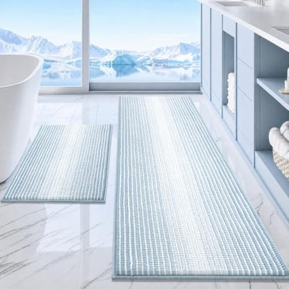 BSICPRO Bathroom Rugs Sets 2 Piece, Non Slip Striped Bath Mats, Ice Blue