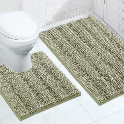 2-Piece Bathroom Rug Set with U-Shaped Mat, Absorbent Chenille, Eucalyptus