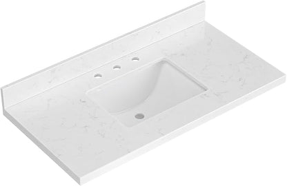 ARIEL 42 inch Bathroom Vanity top with Sink, 1.5 Inch Thick Miter Edge Carrara White Quartz top, Rectangle Single Porcelain Sink, Includes Backsplash