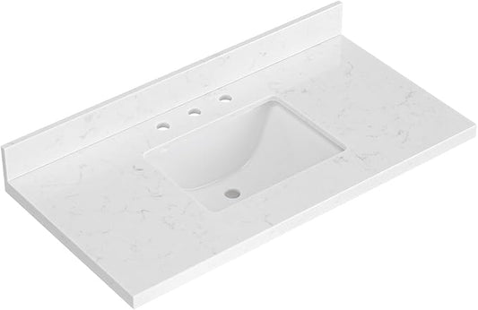 ARIEL 42 inch Bathroom Vanity top with Sink, 1.5 Inch Thick Miter Edge Carrara White Quartz top, Rectangle Single Porcelain Sink, Includes Backsplash