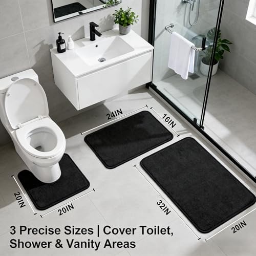 Black Bathroom Rug Set Memory Foam Bath Mats 3 Piece with Toilet Mats, Soft & Supportive, Shock Absorbing, Water Absorbent, Non-Slip Bath Rugs, Machine Washable, Area Rug, Home Decor Accessories