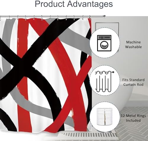 Black Red Gray Modern Shower Curtain 60Wx72L Inch Abstract Minimalist Contemporary Art Line Neutral Simple Bathroom Set Accessories Decor with 12 Pack Hooks