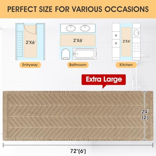 IM HOME Extra Large Waffle Bath Mat, Boho Bathroom Rugs Absorbent Non Slip, Ultra Soft Bathroom Mat, Machine Washable Knit Bath Rugs with Herringbones for Bathroom, Bedroom, Kitchen, 6'x2', Beige