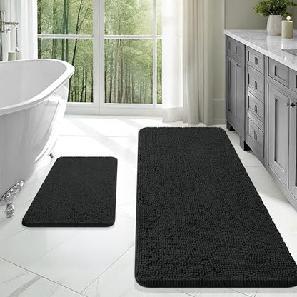 OLANLY Chenille Bathroom Rugs Mats Sets 2 Piece, 47"x20"+24"x16", Black