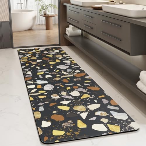 MontVoo -Bath Mat-Non Slip Thin Bathroom Rugs Fit Under Door- Quick Dry Absorbent Faux Suede Surface Grey Bathroom Floor Mats-Shower Rug for in Front of Bathtub Shower Black & Multi Color 17x59