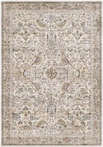 Moss Washable Living Room Rug, 7x10 Floral Area Rug for Dining Room, Boho Farmhouse Soft Bedroom Carpet, Low Pile Moss Home Décor, Non Slip & Stain Resistant