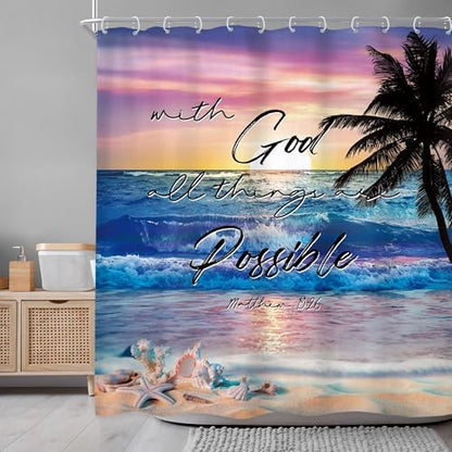 Ocean Coastal Bible Verse Sunrise Beach Quotes Bathroom Shower Curtain Set