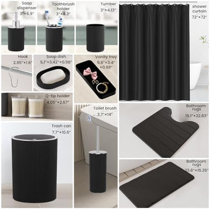 Black Bathroom Accessories Set Complete with Shower Curtain and Rug