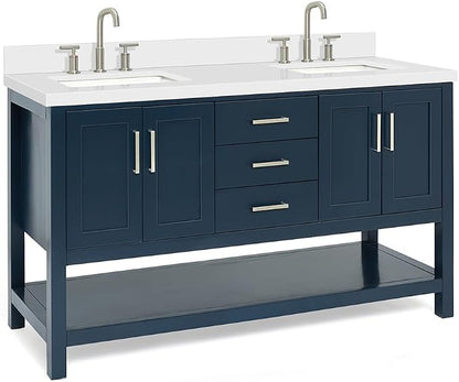 ARIEL Magnolia 60-inch Bathroom Vanity with Sink,Solid Wood, 1.5-inch Pure White Quartz Countertop, Double Rectangular Porcelain Sink, 4 Soft Closing Doors, 3 Dovetail Drawers, Midnight Blue