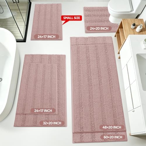 ACCUMTEK Striped Dusty Pink Bathroom Rug Mat Set 2 piece 24"x17"+48"x20" Ultra Soft, Non Slip Chenille Bath Rugs, Absorbent Plush Shaggy Bath Mats for Bathroom, Bedroom, Kitchen, Shower, Tub
