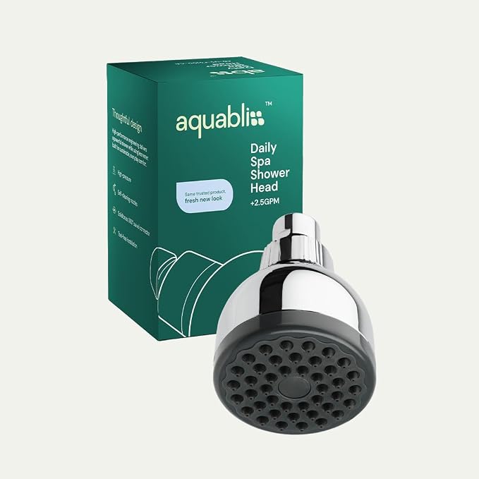 Aquabliss TurboSpa High-Pressure Shower Head - Chrome | 3-inch high-pressure shower head with 42-nozzle wide spray and flow restrictor. Twist-on install, no tools needed.