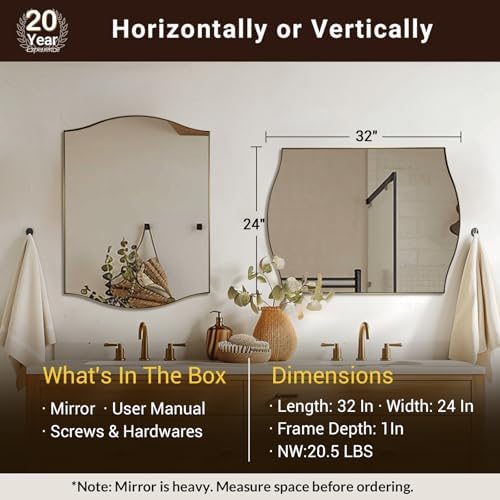 ANDY STAR Scalloped Bathroom Mirror，24"x32" Gold Rectangle Wall Mirror with Curved Edge Stainless Steel Metal Frame, Brass Vanity Wall-Mounted Mirror for Bathroom, Entryway