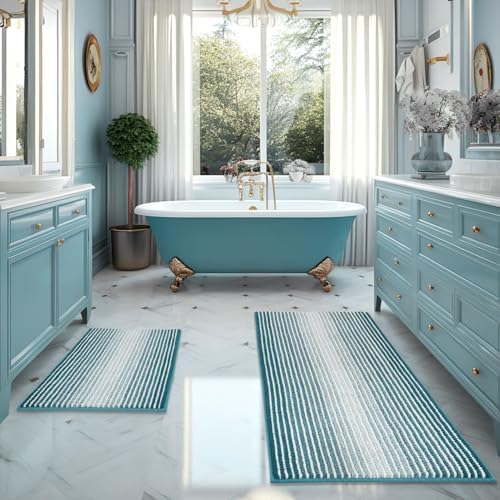 BSICPRO Bathroom Rugs Sets 2 Piece, Non Slip Striped Bath Mats, Teal