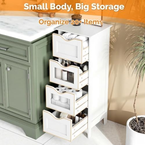 VINGLI White Bathroom Storage Cabinet with 4 Drawers Wooden Freestanding Slim Bathroom Floor Cabinet Small Side Organizer Storage Unit for Restroom Livng Room Kitchen Office Hallway Entryway
