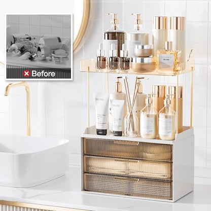 Delamu 5-Tier Makeup Organizer, Bathroom Counter Storage, 3 Drawers, Amber