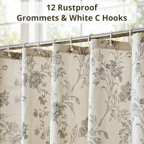Warmstar Farmhouse Shower Curtain,GreyFloral Shower Curtain for Bathroom Linen Look Vintage Shower Curtain with Weighted Hem,72" W x 84" L