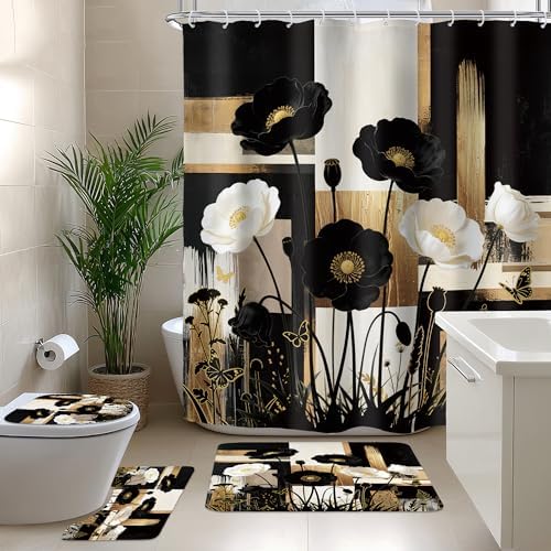 Abstract Floral Black Gold Peony 4Pcs Bathroom Shower Curtain Set with Rugs