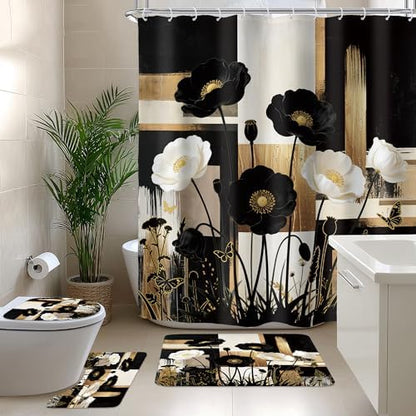 Abstract Floral Black Gold Peony 4Pcs Bathroom Shower Curtain Set with Rugs