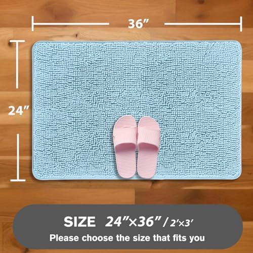 Light Blue Bathroom Rugs – Absorbent and Washable Bath Mat, Non-Slip, Thick Soft Chenille Bath Rugs for Bathroom Floor, Shower, Sink - 24" x 36"