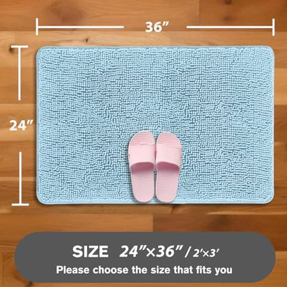 Light Blue Bathroom Rugs – Absorbent and Washable Bath Mat, Non-Slip, Thick Soft Chenille Bath Rugs for Bathroom Floor, Shower, Sink - 24" x 36"