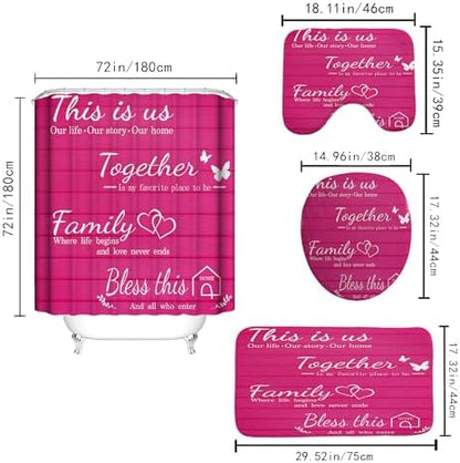 4Pcs Family Shower Curtain Sets with Non-Slip Rugs