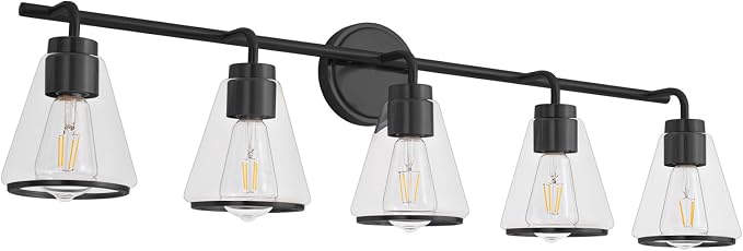 38.5" Black Bathroom Vanity Light, 5 Light Modern Vanity Lighting Fixture | Vanity Lights with Clear Glass Shade, Bathroom Wall Light Over Mirror, Wall Sconces for Bathroom Bedroom