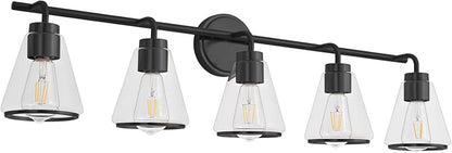 38.5" Black Bathroom Vanity Light, 5 Light Modern Vanity Lighting Fixture | Vanity Lights with Clear Glass Shade, Bathroom Wall Light Over Mirror, Wall Sconces for Bathroom Bedroom