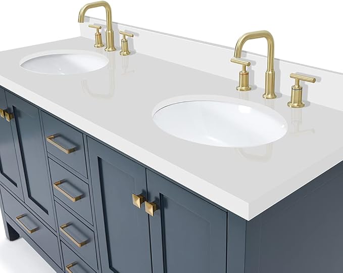 ARIEL Cambridge 60-inch Bathroom Vanity with Sink,Solid Wood, 1.5-inch Pure White Quartz Countertop & Backsplash, Double Oval Porcelain Sink, 4 Soft Closing Doors, 6 Dovetail Drawers, Midnight Blue