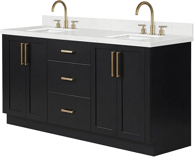 ARIEL Loren 72-inch Bathroom Vanity with Sink,Solid Wood, 1.5-inch Carrara White Quartz Countertop, Double Rectangular Porcelain Sink, 4 Soft Closing Doors, 3 Dovetail Drawers, Black