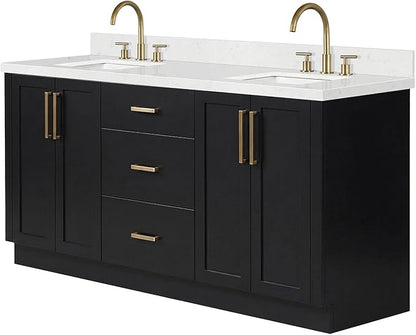 ARIEL Loren 72-inch Bathroom Vanity with Sink,Solid Wood, 1.5-inch Carrara White Quartz Countertop, Double Rectangular Porcelain Sink, 4 Soft Closing Doors, 3 Dovetail Drawers, Black