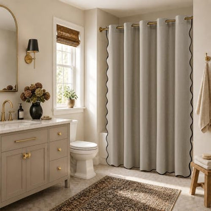 Furlinic Greige Scalloped Shower Curtain 72x96 No Hook Fabric Extra Long