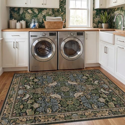 Washable 4x6 Area Rug for Living Room - Soft Moody Rug for Kitchen, Office, Large Entryway, Rustic Botanical Decor, Non-Slip Low Pile Dark Green and Brown Ultra Soft Bird Carpet