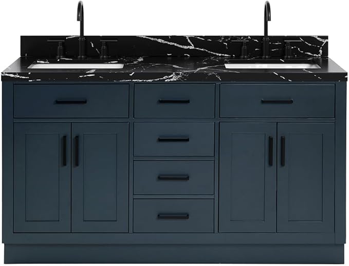 ARIEL Hepburn 60 Inch Double Rectangle Sink Bathroom Vanity with Nero Marquina Black Quartz Countertop 1.5 Inch in Midnight Blue