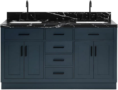 ARIEL Hepburn 60 Inch Double Rectangle Sink Bathroom Vanity with Nero Marquina Black Quartz Countertop 1.5 Inch in Midnight Blue