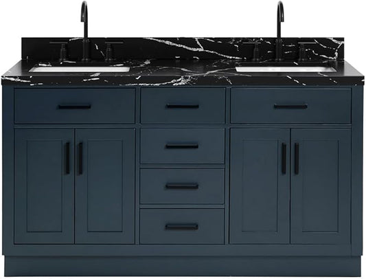 ARIEL Hepburn 60 Inch Double Rectangle Sink Bathroom Vanity with Nero Marquina Black Quartz Countertop 1.5 Inch in Midnight Blue