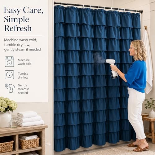 Navy Blue Ruffle Shower Curtain for Bathroom, 72x 84 inch, 1 Panel
