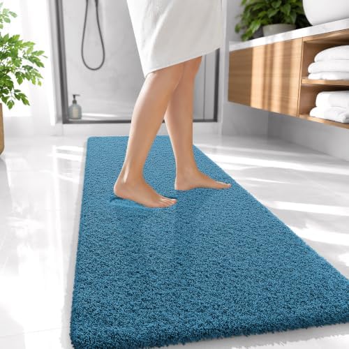 OLANLY Microfiber Bathroom Runner Rugs 47x20, Soft Bath Mat, Peacock Blue