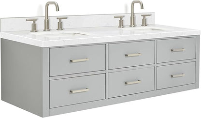 ARIEL Hutton 60-inch Bathroom Vanity with Sink,Solid Wood, 1.5-inch Carrara White Quartz Countertop & Backsplash, Double Rectangular Porcelain Sink, 3 Dovetail Drawers, Grey