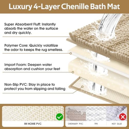ACCUMTEK Striped Beige Bathroom Rug Set 3 Pieces Ultra Soft, Non Slip Chenille Toilet Mat, Absorbent Plush Shaggy Bath Mats for Bathroom, Bedroom, Kitchen