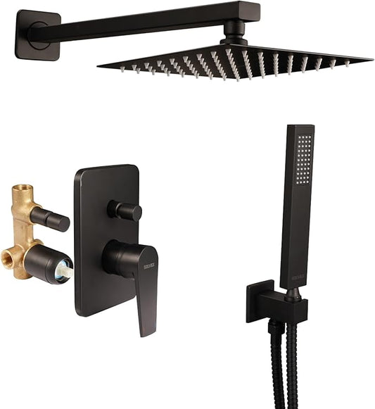 SOLVEX 8 Inch Shower Faucet Set，Shower System Black Stainless Steel Wall Mount Faucet Set with Square High Pressure Showerhead and Handheld Sprayer SP-90110-N